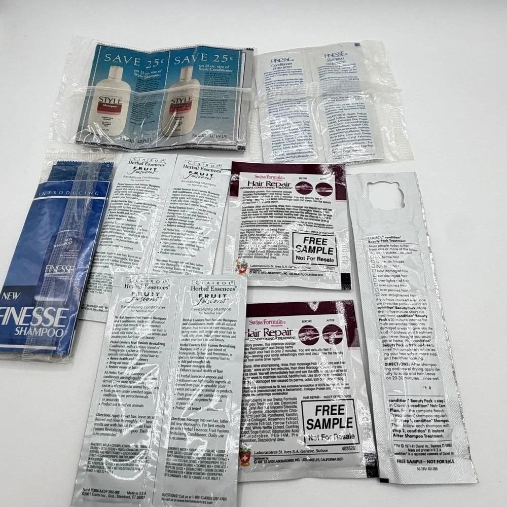 Vintage 1981-2001 Shampoo Sample Travel Packs Lot Clairol Style Finesse Swiss